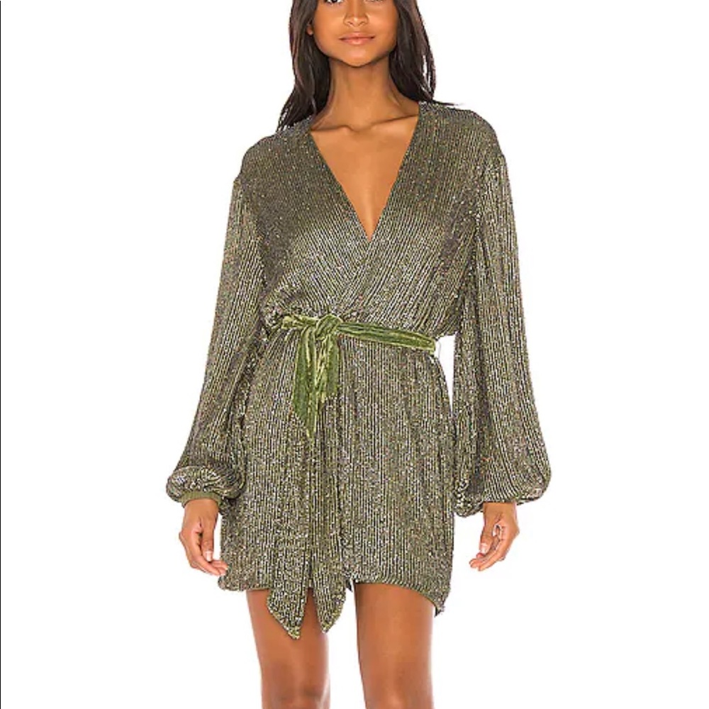 Retrofete Gabrielle robe mini dress in army green sequin. Size XS.